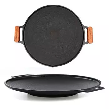 KAZARIKO IH Teppanyaki Griddle Pan Yakiniku Plate Round Samgyeopsal Plate BBQ Direct Fire Home Outdoor Korean Food Grill Pan Large Size Wood Handle