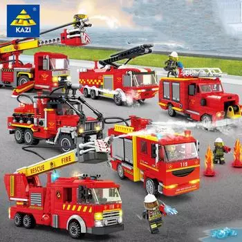 KAZI городская пожарная машина, сборочный блок, имитация распыления воды, детская развивающая игрушка, подарок для мальчика