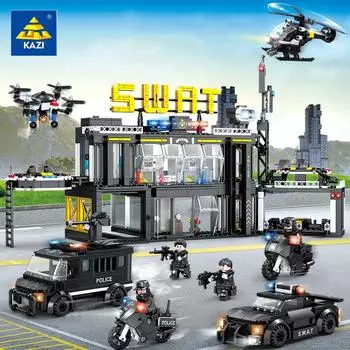 KAZI новый штаб-квартира спецназа, строительный блок, вертолет, полицейская машина со звуком и светом, подарок для мальчика «сделай сам»
