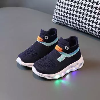 Kdis Shoes2024 Новая спортивная повседневная обувь весна-осень дышащая утиная светящаяся мягкая подошва обувь для мальчиков и девочек противоскользящие носки со светодиодной подсветкой 21insole(13.3cm) синий