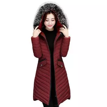 KDSolid Color утепленная зимняя куртка женская с большим меховым воротником и тонкой талией пальто