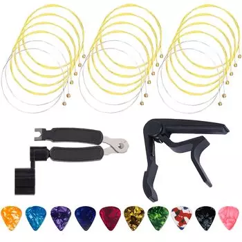 KDSSYFT Гитарные аксессуары 30 штук Гитарные струны Медиаторы Струнонамотчик Каподастр для гитары Уход Замена гитарных комплектующих