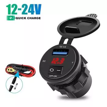 KEBIDU 18W Phone QC 3.0 Автомобильное зарядное устройство Гнездо Цифровой дисплей Вольтметр DC 12V-24V USB зарядное гнездо Переключатель ВКЛ-ВЫКЛ для мотоцикла