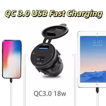 Kebidu Quick Charge QC 3,0 18 Вт USB Автомобильное зарядное устройство Разъем для зарядного устройства с цифровым дисплеем и вольтметром с переключателем ВКЛ-ВЫКЛ для авто мотоцикла 12-24 В синий