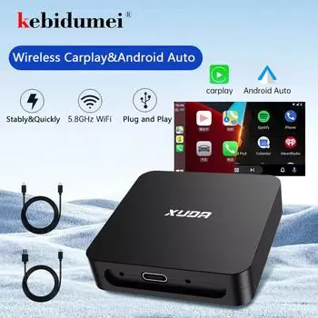 Kebidumei 2 в 1 Box беспроводной CarPlay Android Auto беспроводной адаптер для Mazda Toyota Mercedes Peugeot Volvo поддержка Netflix чёрный