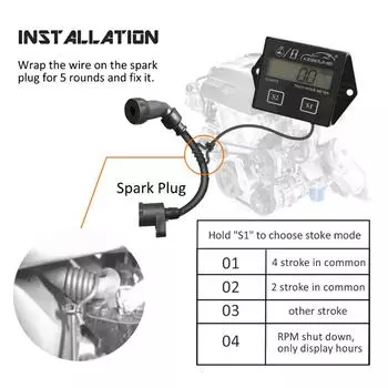 kebidumei Цифровой ЖК-дисплей Тахометр Счетчик моточасов Свечи зажигания 2- и 4-тактный двигатель RPM Тахометр Вращение тахометра чёрный
