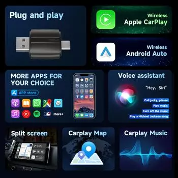 Kebidumei НОВЫЙ 2 в 1 беспроводной Carplay Android Auto беспроводной адаптер Smart Mini AI Box Plug And Play Dongle WiFi Fast Connect