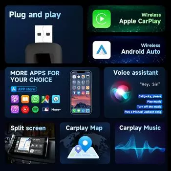 Kebidumei Smart Mini CarPlay Ai Box беспроводной адаптер Carplay Android Auto 2 в 1 мини-адаптер Plug and Play Dongle Quick Connect чёрный