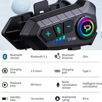 Kebidumei Y10 Bluetooth 5.3 гарнитура для мотоциклетного шлема водонепроницаемая 2000 мАч голосовой помощник для мото наушников мотоциклетные наушники