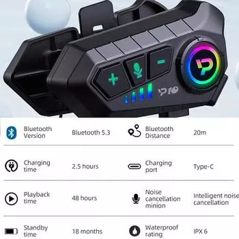 Kebidumei Y10 Bluetooth 5.3 гарнитура для мотоциклетного шлема водонепроницаемая 2000 мАч голосовой помощник для мото наушников мотоциклетные наушники