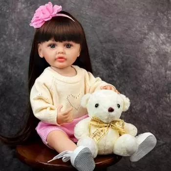 KEIUMI Куклы Reborn Baby Dolls Девочка 55 см Полное тело Силиконовый винил с длинными каштановыми волосами Реалистичная Принцесса Bebe Новорожденная кукла игрушка Подарок на день рождения 22 inch about 55 cm