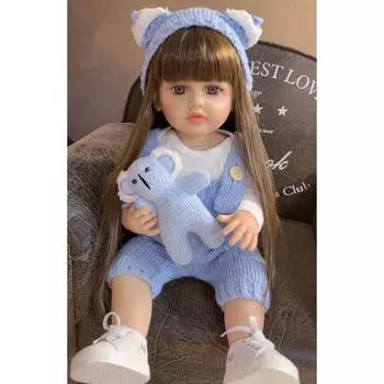 KEIUMI Новый дизайн Кукла Reborn Baby Girl Полный силиконовый винил 55 см Bebe Reborn Кукла Игрушки с длинными волосами DIY Косплей Модель Bebe Детские подарки 22 inch about 55 cm коричневый