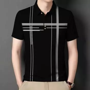 Kemeja Polo Lelaki Bercetak Garisan Atasan Lengan Pendek Perniagaan Kasual 2024 Pakaian Polo Longgar Baharu S