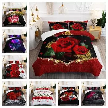 Kemila Пододеяльник и наволочки с цветочным принтом розы ко Дню святого Валентина, комплект постельного белья с 3D цифровой печатью AU single 140x210