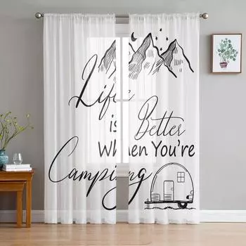 Кемпинг Camper Mountain Stars Moon White Tulle Curtain Voile Transparent для спальни, гостиной, кухни, прозрачные оконные занавески W135 x H114cm