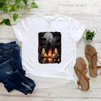 Кемпинг Хэллоуин Призрак Чтение Книги Рубашка Хэллоуин Костюм Жуткий Сезон Футболки Женская Осенняя Футболка Хэллоуин Вечеринка Футболка S чёрный