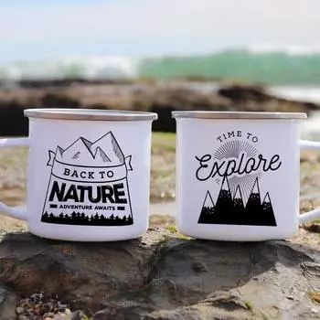 Кемпинг и приключения Эмалированные кофейные кружки Кофейные чашки Напитки Стакан для воды Вечеринка у костра Пивная кружка Нарисованные вручную логотипы приключений 360ml