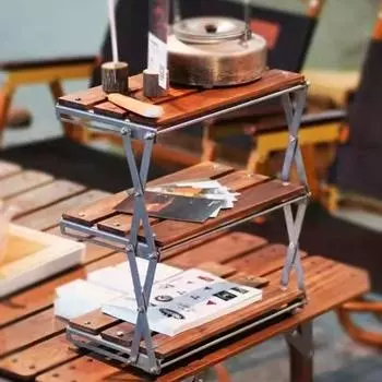 Кемпинговая складная полка, многофункциональная складная стойка для хранения вещей на открытом воздухе, нержавеющая сталь, массив дерева, тройная складная полка на открытом воздухе