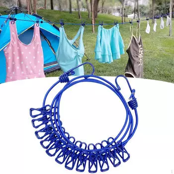 Кемпинговая веревка для сушки белья, эластичная веревка с 12 прищепками, многоразовая веревка для одежды, ветрозащитная White