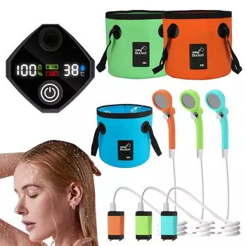 Кемпинговый душ с цифровым дисплеем, электрический насос для душа с 20-литровым складным ведром, уличный душ для кемпинга, пешего туризма, путешествий синий