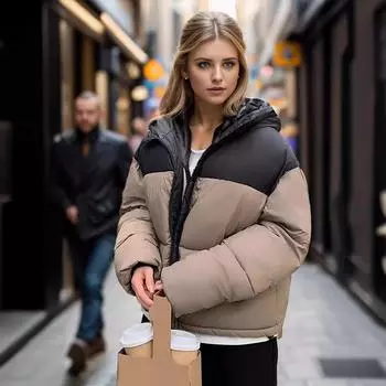 Kendoufeng hooded down cotton clothes women s new short high waist thickened loose bread clothes jacket trendy M