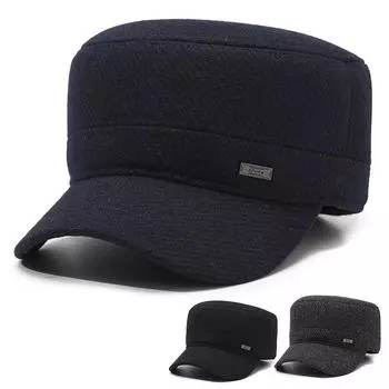 Кепка для людей среднего и пожилого возраста, осенне-зимняя мужская шерстяная плоская кепка, теплая кепка для папы, толстая защитная кепка для ушей серый