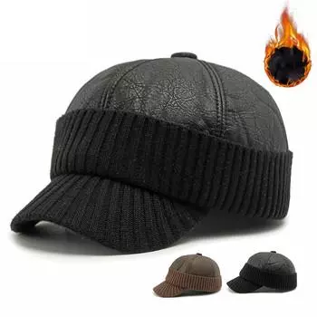 Кепка для мужчин среднего и пожилого возраста, осенне-зимняя, для защиты ушей, теплая, бархатная, толстая, морозостойкая, бейсболка из полиуретана L(56-58CM) чёрный