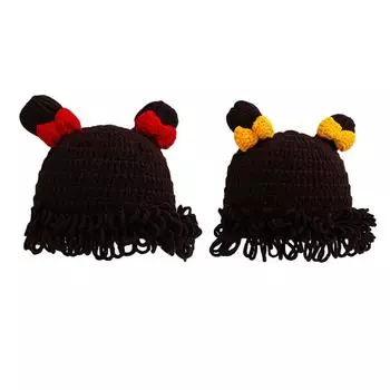 Кепка для парика для малышей с бантом, двойная шерстяная шапка вогнутой формы, зимняя вязаная теплая шапка ручной работы, подарок, забавные вечерние шапочки для детей