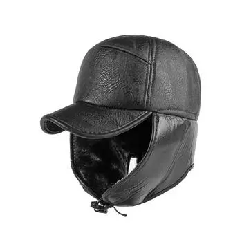 Кепка для пожилых людей среднего возраста, мужская осенне-зимняя кепка с защитой ушей, теплая кепка, кепка из искусственной кожи, плюшевая бейсболка, кепка Lei Feng чёрный