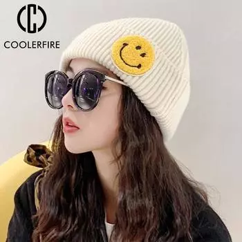 Кепка для женщин и мужчин, согревающая зимняя уличная женская вязаная шапка, теплые шапочки для взрослых, однотонная мультяшная вышивка улыбкиAC2187 One Size белый