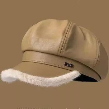Кепка газетчика из искусственной кожи в стиле ретро в Гонконге, детская, осенне-зимняя, плюшевая, теплая, универсальная, маленькая, для художника, восьмиугольная, прилив M (56-58cm) letter mark mIn octagonal leather hat чёрный