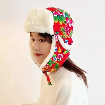 Кепка из цветочной ткани для защиты от ветра и снега, женская зимняя утепленная защитная шапка для ушей, согревающая лицо, велосипедная кепка с принтом Lei Feng One Size красный