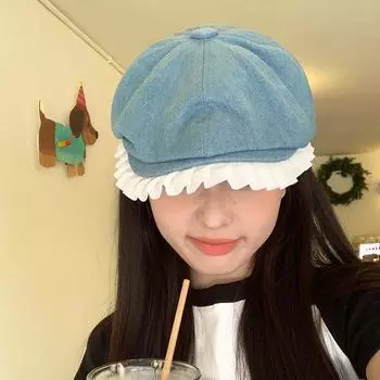 Кепка из кружевного денима, женская, ретро, большая окружность головы, берет, тонкая, универсальная, для газетчика M56-58cm светло-синий
