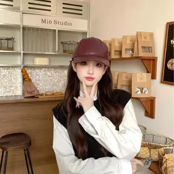 Кепка из мягкой кожи черного цвета для активного отдыха, женская универсальная кепка для осени и зимы, большая окружность головы, показывает маленькое лицо, бейсболка с большими полями M56-58cm чёрный