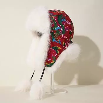 Кепка Lei Feng с большим цветком и плюшем Женская зимняя защитная кепка для ушей Утепленная ветрозащитная кепка для езды на велосипеде Защита от дождя и снега Защита от холода Лицо One Size красный