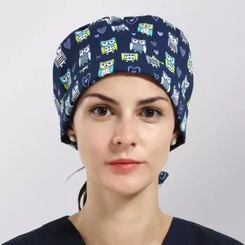 Кепка медсестры унисекс с мультяшным принтом, длинная шапка для волос, хлопковая косметическая рабочая кепка для стоматолога