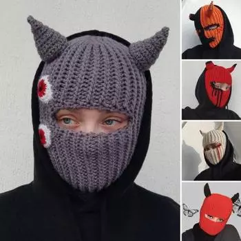 Кепка на Хэллоуин, вязаная шапка с кроличьими ушками, ветрозащитная крышка для лица, реквизит для вечеринки, сохраняет тепло, обычная шапка с рогом и цветочным принтом для спорта на открытом воздухе I