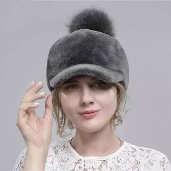 Кепка с козырьком из овечьего меха для осени и зимы, женская новая теплая шерстяная шапка из натурального лисьего меха красный