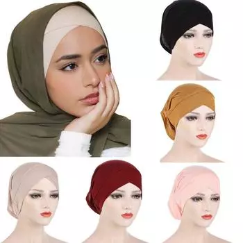 Кепка с крестообразным лбом, исламский тюрбан, полиэстер, однотонная кепка, мусульманский хиджаб, женская кепка, внутренний хиджаб красный