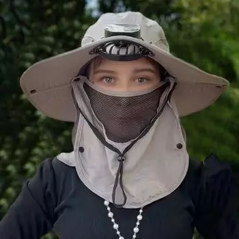 Кепка с защитой лица и шеи от солнца, UPF 50+, защита от ультрафиолета, дышащая, мужская летняя рыболовная кепка с широкими полями, с зарядкой от USB чёрный