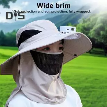 Кепка с защитой лица и шеи от солнца UPF 50+, защита от ультрафиолета, дышащая, с солнечной батареей, для мужчин, для летней рыбалки и активного отдыха, с широкими полями L чёрный