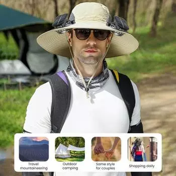 Кепка с защитой от солнечных лучей UPF 50+, с 2 вентиляторами на солнечных батареях, с зарядкой от USB, дышащая, для мужчин и женщин, для летнего активного отдыха на природе, для рыбалки, с широкими полями чёрный