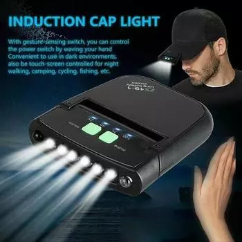 Кепка с зажимом на шляпе с датчиком движения, налобный фонарь для рыбалки на открытом воздухе, пешего туризма, регулируемый USB-аккумулятор, светодиодный зажим типа кепки, головной фонарь для шляпы, 1000 мАч чёрный
