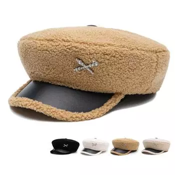 Кепка темно-синего цвета для женщин, осень-зима, овечья шерсть, стразы, теплая берет, плоская шляпа хаки