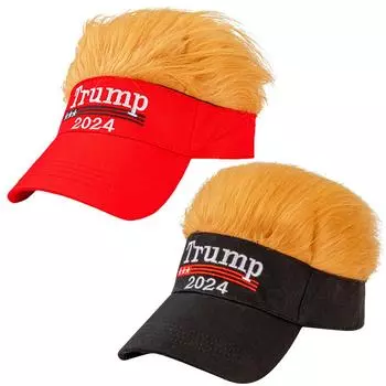Кепка Трампа 2024 года с вышитыми волосами, бейсбольная кепка, забавные парики, полушляпа, регулируемая желтая париковая кепка, дышащая для занятий спортом на открытом воздухе красный
