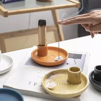 Керамическая ароматерапевтическая печь, ароматическая палочка, круглая рамка из священного дерева, ароматическая палочка, палочка для моксы, керамический подсвечник в европейском стиле Orange plate pink flower