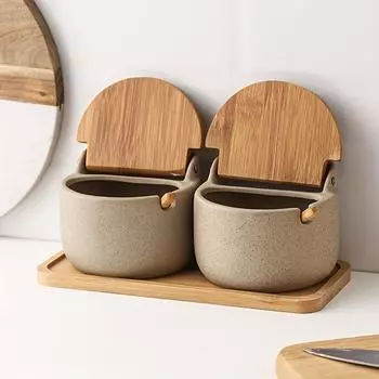 Керамическая бамбуковая и деревянная крышка для приправ, коробка для приправ, банка для хранения приправ, ресторан, бытовая банка для соли и сахара Seasoning jar set