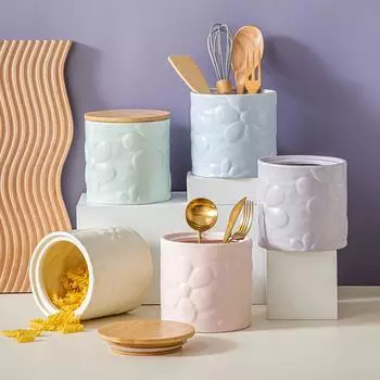 Керамическая банка для хранения 1200 мл с деревянной крышкой, герметичная банка для цельного зерна, кухонная утварь, ведро для хранения, ящик для хранения кухонных принадлежностей