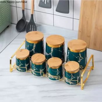 Керамическая банка для хранения, набор из 7 предметов, деревянная крышка, герметичная банка, кухонные принадлежности, домашний органайзер для хранения, коробка для хранения, банки для конфет, чайная банка чёрный