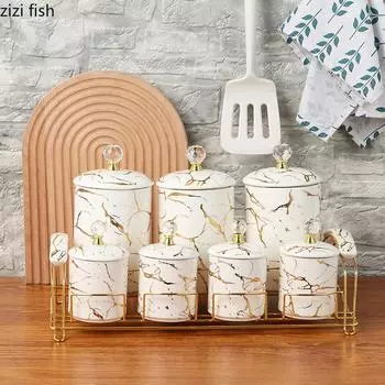 Керамическая банка для хранения с крышкой и мраморным покрытием. Емкости для хранения. Металлическая стойка. Органайзеры для продуктов. Хранилища. Бутылки. Контейнер для хранения на кухне. белый